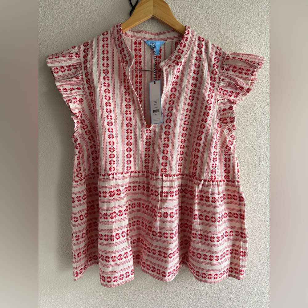 Draper James Penelope Women’s Size L Ivory Red Embroidered 100% Cotton Blouse